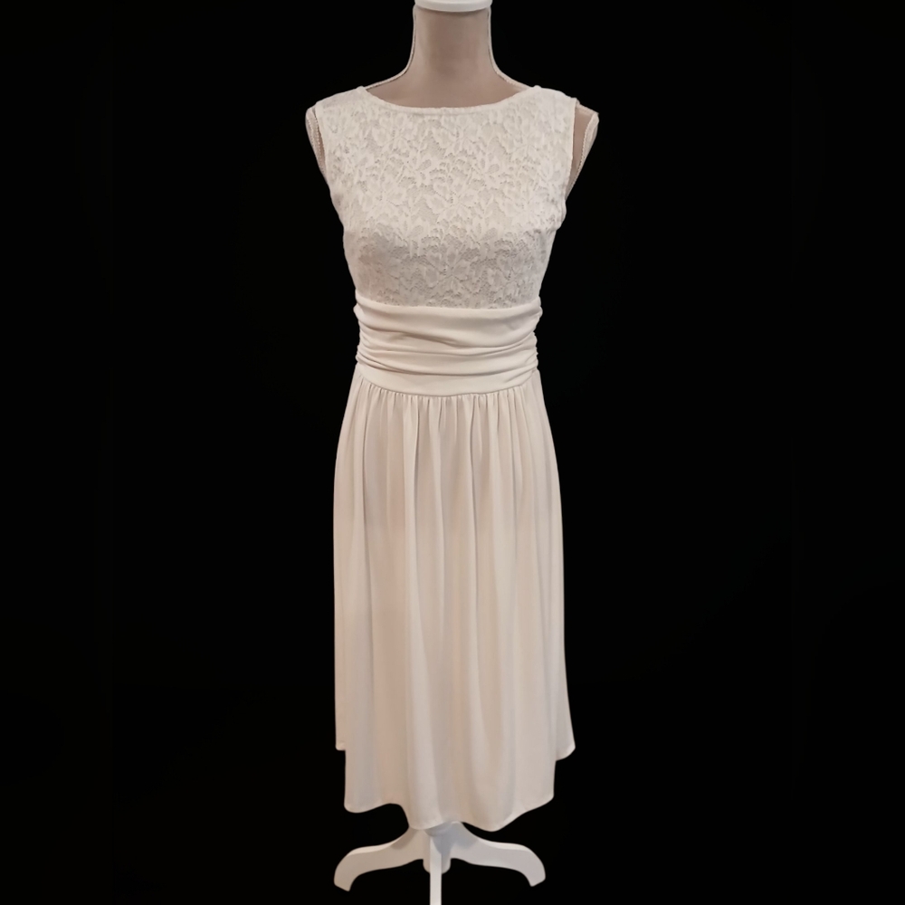 Vtg AA Studio Y2k Lace White Stretch Ruched Womans Midi 6 Dress